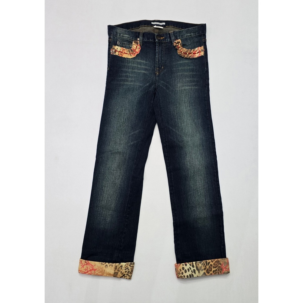 Alberto Makali Womens Dark Wash Leopard Cuff Ruffle Pocket Straight Jeans Size 4